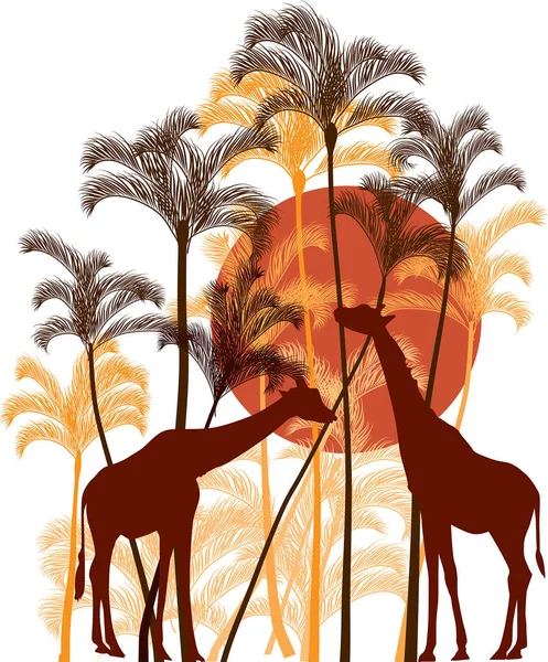 Illustration Med Giraffer Nära Palm Träd Träd Isolerad Vit Bakgrund — Stock vektor