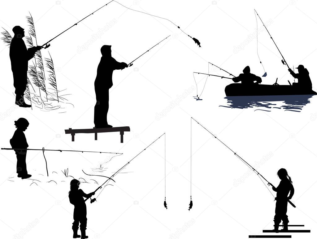 illustration with seven fishermen silhouettes isolated on white background