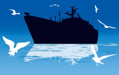 İllüstrasyon mavi deniz gemi siluetleri ile