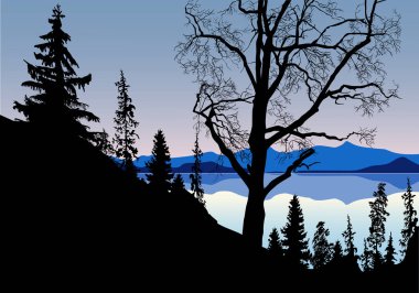 resimde büyük çıplak ağacın yanında dağ Gölü ile