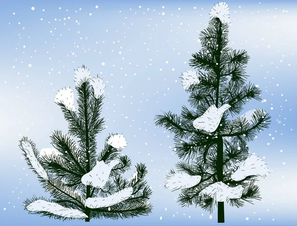 Illustratie Met Twee Kleine Pines Sneeuw Blauwe Achtergrond — Stockvector