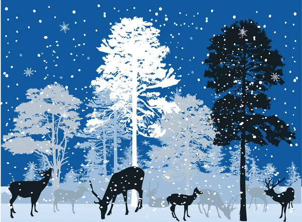 Illustration Med Rådjur Skogen Snöfall — Stock vektor