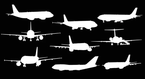 Ilustración Con Nueve Siluetas Aviones Aisladas Sobre Fondo Negro — Vector de stock