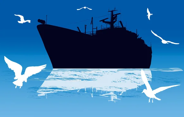 Εικονογράφηση Πλοίο Σιλουέτες Στα Γαλάζια Νερά — Διανυσματικό Αρχείο