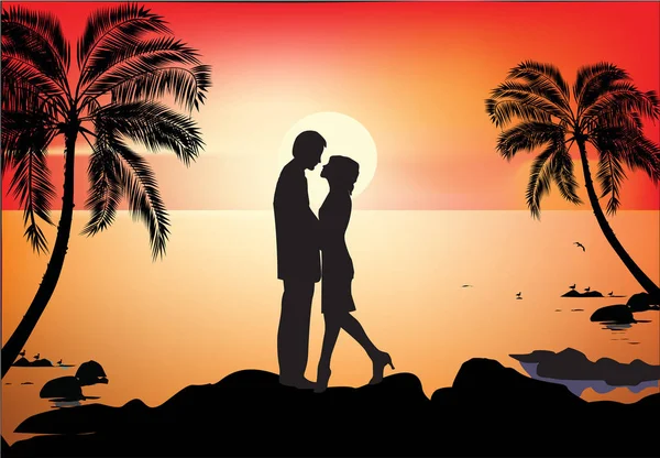 Ilustración Con Pareja Cerca Palmeras Atardecer Rojo — Vector de stock