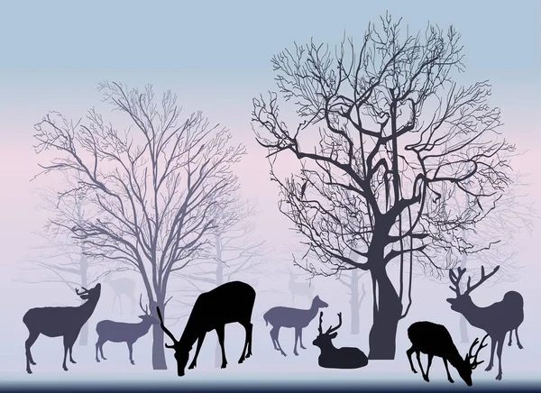 Illustrazione Con Cervi Alberi Spogli Invernali — Vettoriale Stock