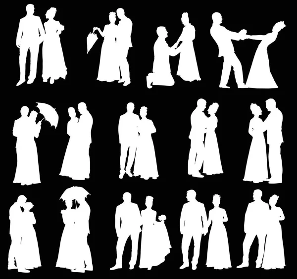 Illustration Avec Des Couples Mariage Isolés Sur Fond Noir — Image vectorielle