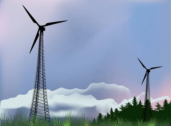Ilustración Con Dos Siluetas Generador Energía Eólica Paisaje Rural — Vector de stock