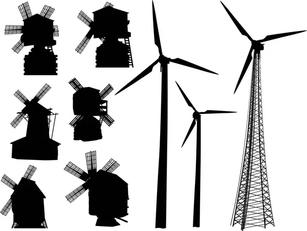 図のセットを持つ風車のシルエットは 白い背景で隔離 — ストックベクタ
