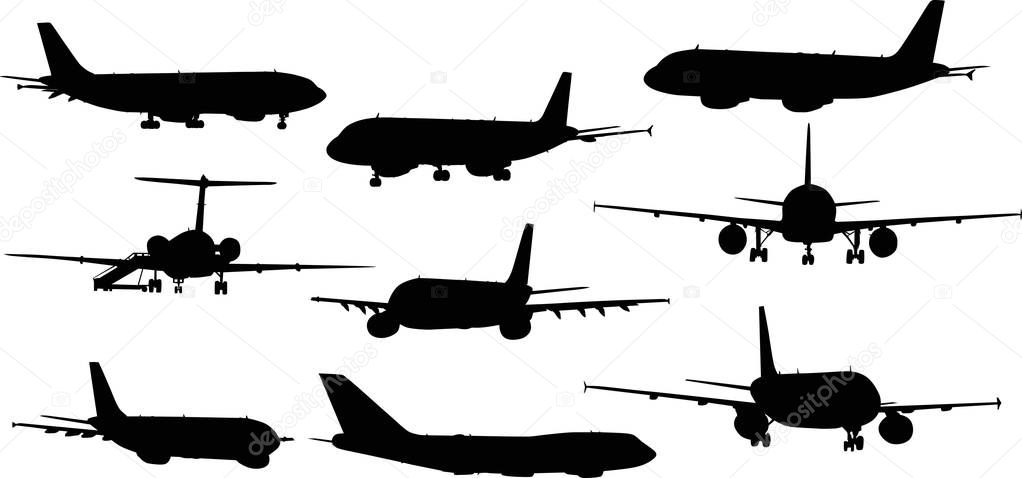 illustration with nine airplanes silhouettes isolated on white background
