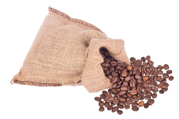 Coffee brown beans in burlap sack on white — Stock Photo, Image