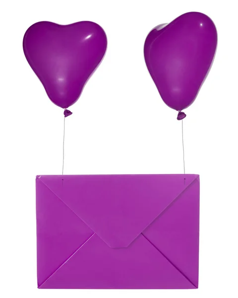 Lilac envelope and two balloons isolated on white — Stock Photo, Image