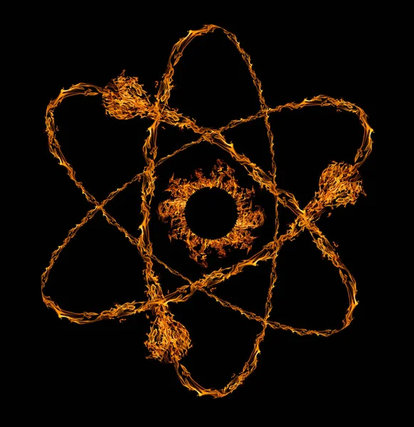 Orange flame atom symbol isolated on black — Stock Photo, Image