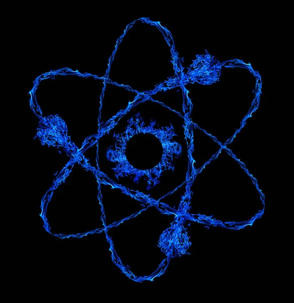 蓝色火焰原子符号隔离在黑色 — 图库照片