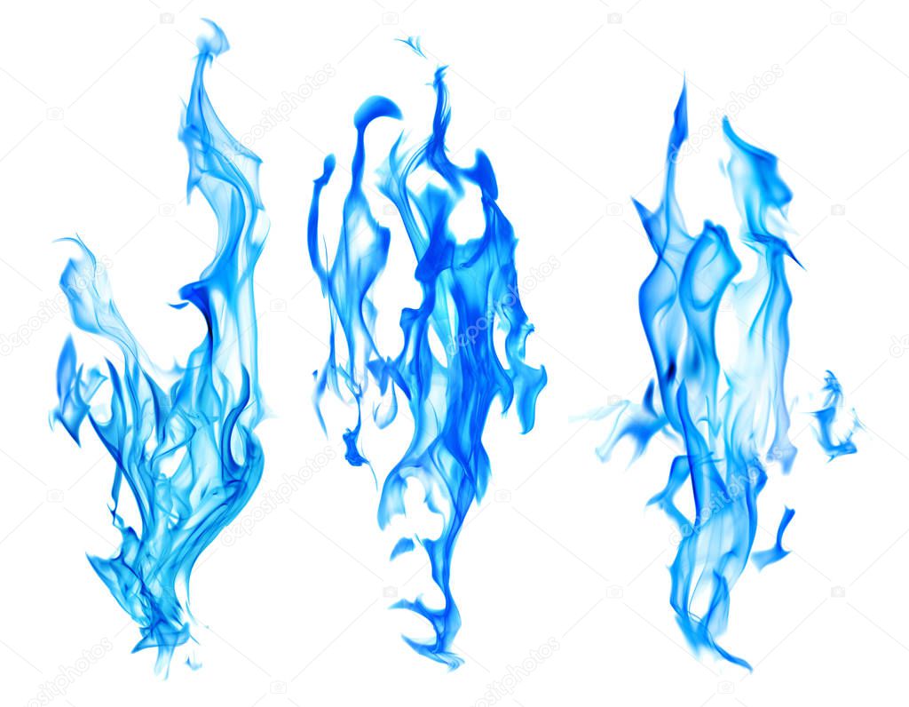 set of blue fire sparks on white background