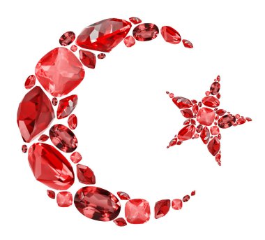 Kırmızı yakut taşlarından izole yıldız ve hilal şeklindeki semboller