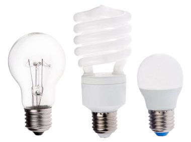 Beyaz üzerine izole edilmiş üç nesil elektrik lambası.