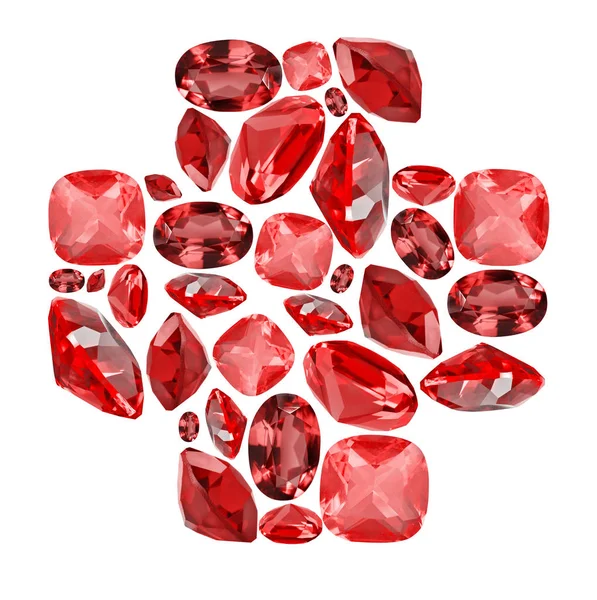 Cross shape symbol from red ruby gems on white — Stock Photo, Image