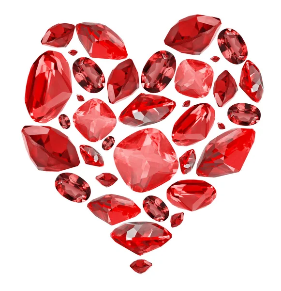 Символ формы сердца из красных рубиновых гемов на белом — стоковое фото