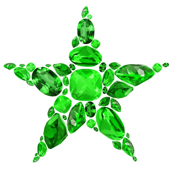 Символ форми зірки з зелених смарагдових каменів ізольовано на білому — стокове фото