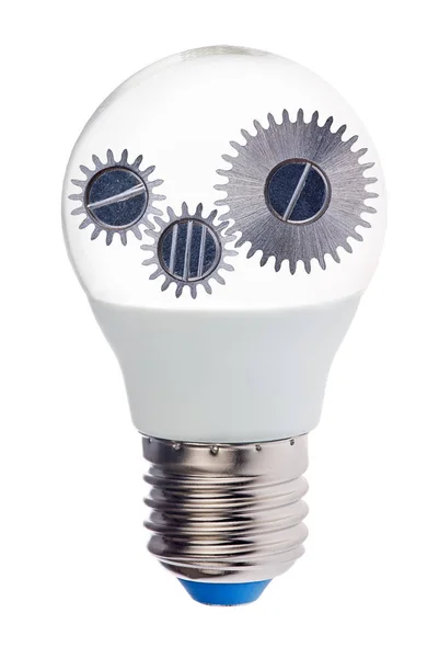 Lâmpada elétrica com pinhões de prata sobre branco — Fotografia de Stock