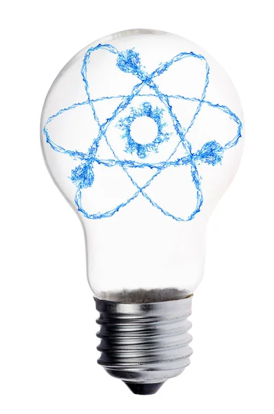 Blue flame atom symbol in electric lamp on white — Stock Photo, Image
