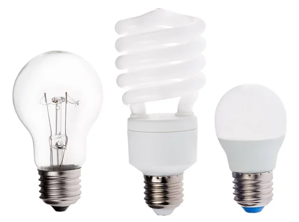 Tre generazioni di lampade elettriche isolate su bianco — Foto Stock