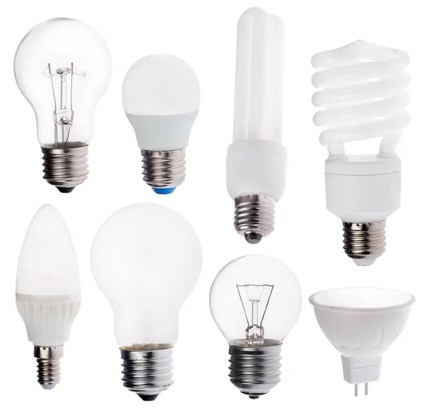 Eight different electric lamps isolated on white — Stock Photo, Image