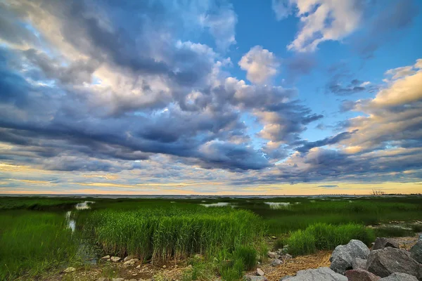Nuvens do por do sol acima do prado verde — Fotografia de Stock
