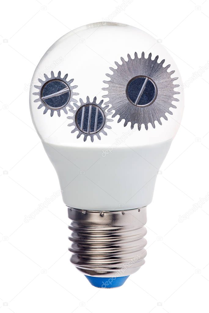 electric lamp bulb with silver pinions on white