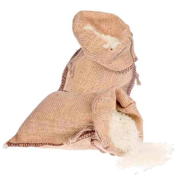 Arroz en dos sacos de arpillera aislados en blanco — Foto de Stock