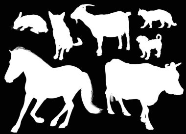 Yedi yalıtılmış beyaz çiftlik hayvanı koleksiyonu