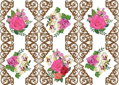 Beyaz arkaplanda gül çiçekleri ve kahverengi süs