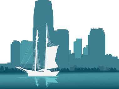 Modern şehrin mavi binaları yakınında beyaz bir yat.