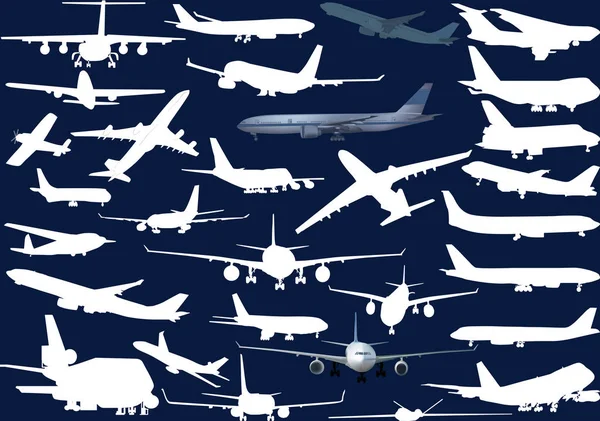 Thirty airplanes collection isolated on blue — Stock Vector