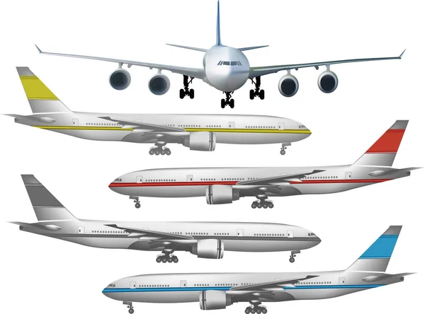 Fünf farbige Flugzeuge auf weiß — Stockvektor