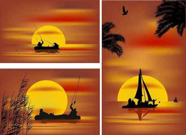 Pêcheurs et silhouettes de bateau au coucher du soleil orange — Image vectorielle