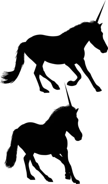 Dua unicorn hitam siluet terisolasi pada putih - Stok Vektor