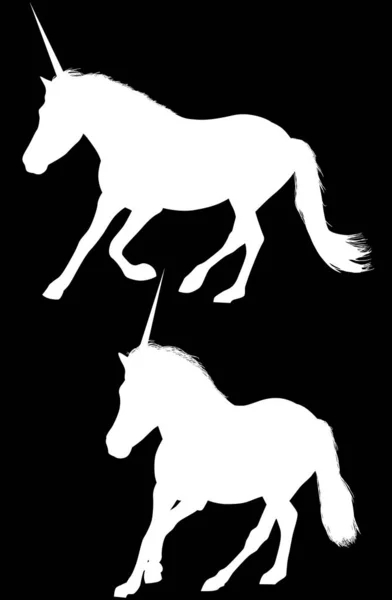 Dua unicorn putih siluet terisolasi pada hitam - Stok Vektor