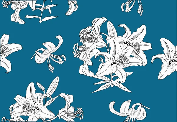 Blauwe achtergrond met witte lelie bloemen — Stockvector