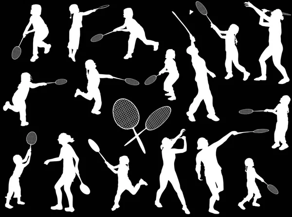 Children playing badminton on black — Stock Vector