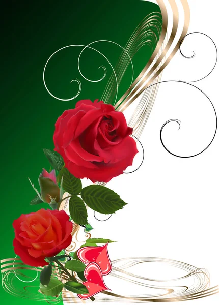 Dwa czerwone kwiaty róży na zielonym i białym tle — Wektor stockowy