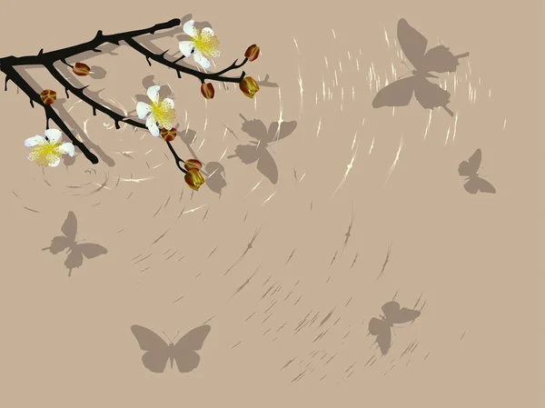 Wiosenne drzewo kwitnące gałęzie i brązowe motyle — Wektor stockowy