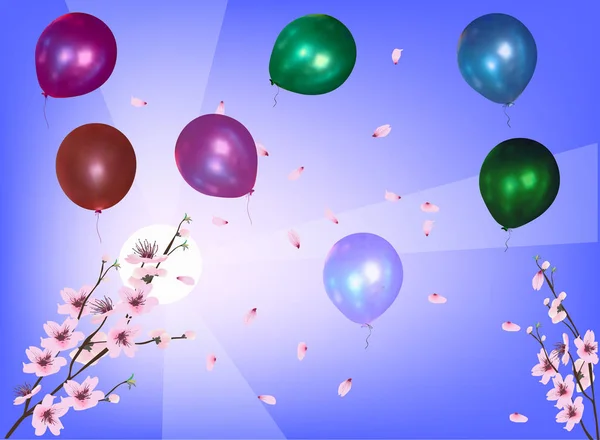 Cerejeira flores e balões no fundo azul — Vetor de Stock