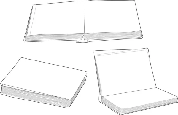 Gruppo di tre bozzetti di libri isolati su bianco — Vettoriale Stock