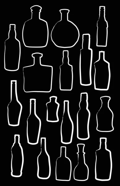 Diecinueve bocetos de botella aislados en negro — Vector de stock