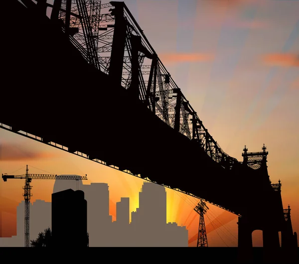 Große Brücke und Gebäude bei orangefarbenem Sonnenuntergang — Stockvektor