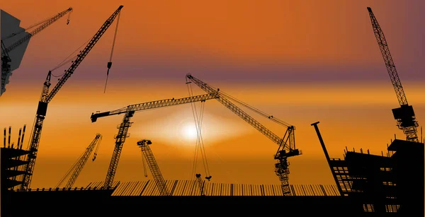 Orange illustration with building cranes — Stock Vector