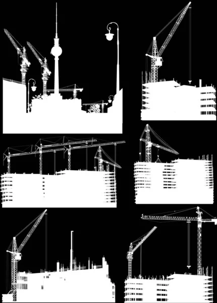 Set of six buildings and cranes isolated on black — Stock Vector