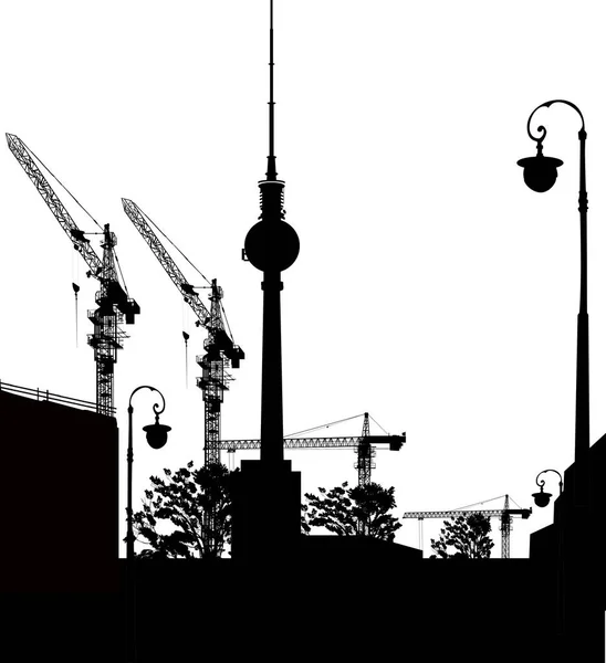 Black building cranes in city landscape — Stock Vector